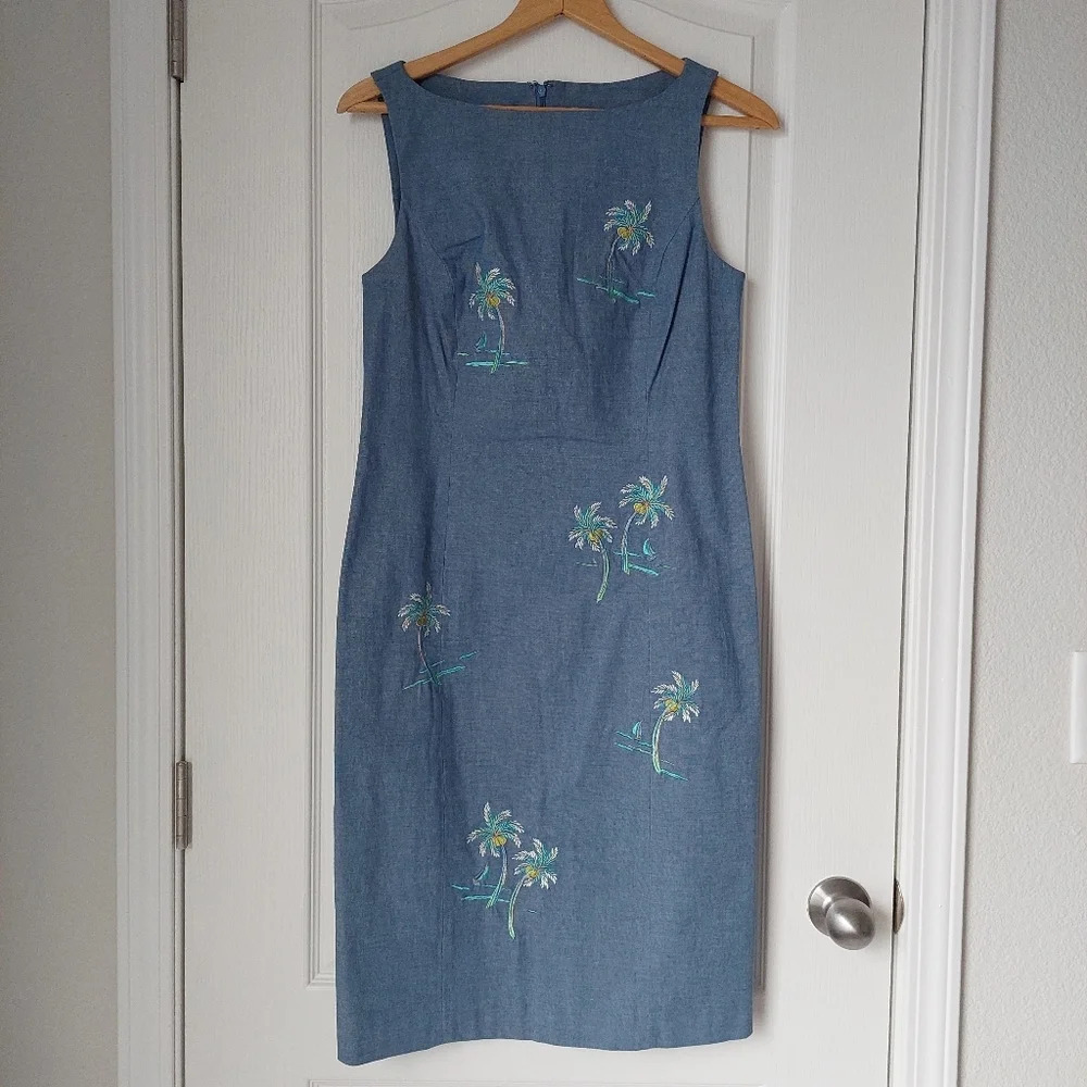 Kenji Coconut Tree Embroidered‎ Dress Size 4 Light Blue